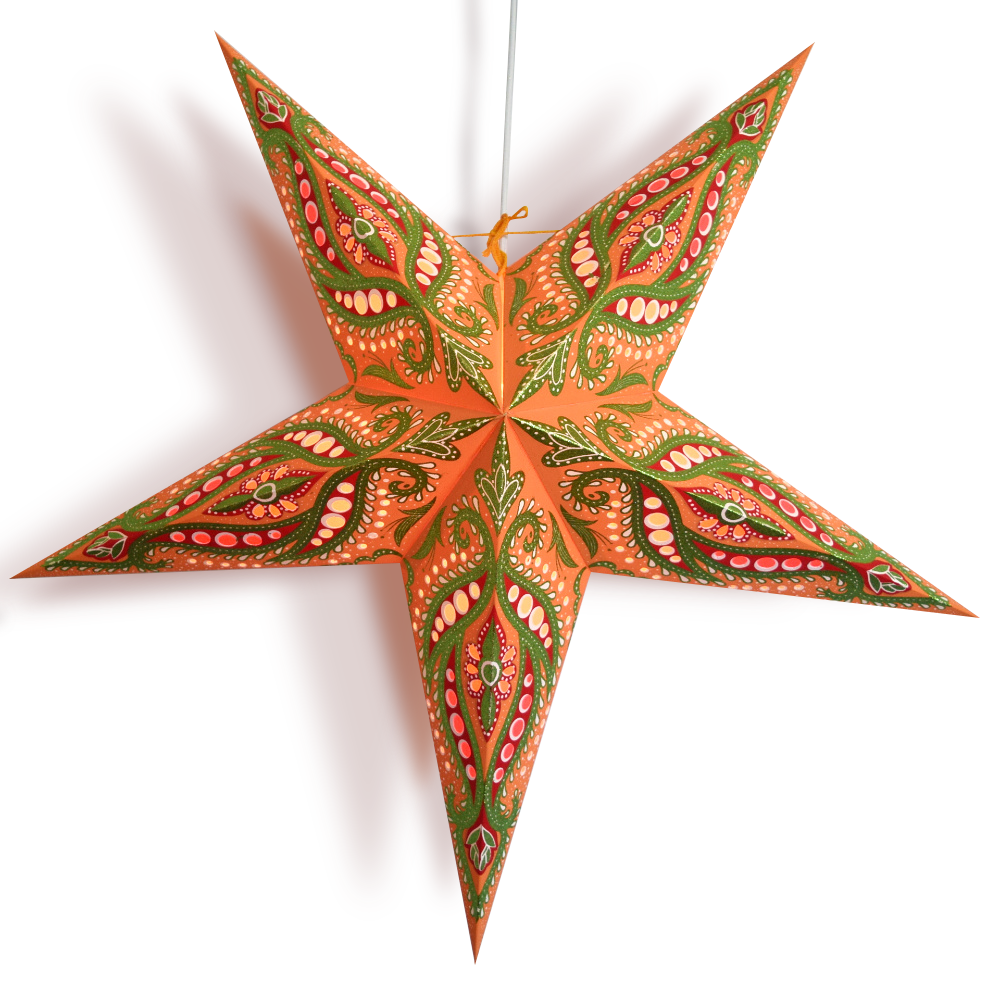 24 Inch Orange Bloom Glitter Paper Star Lantern and Lamp Cord Hanging Decoration | 3-PACK + CORD + BULBS - Luna Bazaar | Boho &amp; Vintage Style Decor