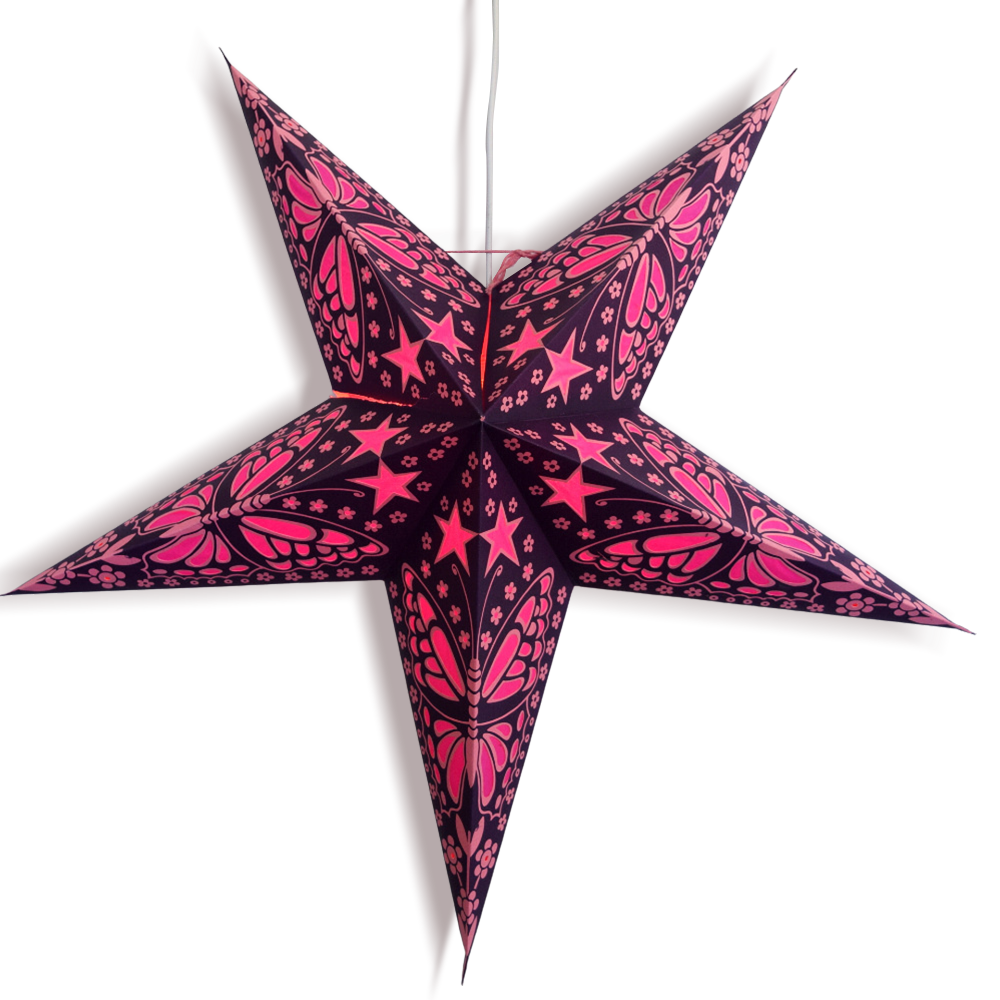 24 Inch Purple Pink Butterfly Paper Star Lantern and Lamp Cord Hanging Decoration (3-PACK + CORD + BULBS) - Luna Bazaar | Boho &amp; Vintage Style Decor
