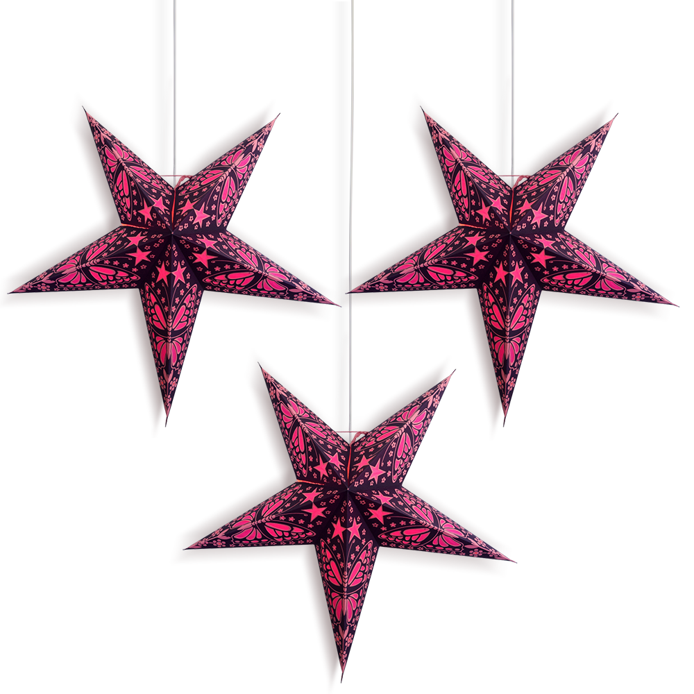 24 Inch Purple Pink Butterfly Paper Star Lantern and Lamp Cord Hanging Decoration (3-PACK + CORD + BULBS)