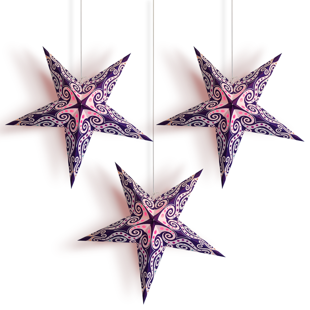 Purple Pink Mouri 24 Inch Illuminated Paper Star Lanterns and Lamp Cord Hanging Decorations (3-PACK + CORD + BULBS)