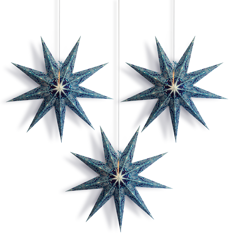 3-PACK + Cord | Turquoise Blue Mouri Glitter 24 Inch Illuminated 9-Point Paper Star Lanterns and Lamp Cord Hanging Decorations