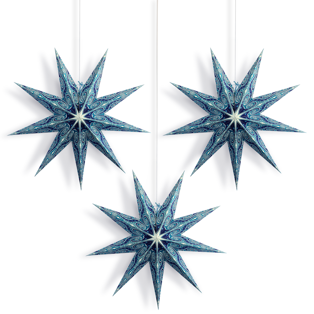 Turquoise Blue Mouri Glitter 24 Inch Illuminated 9-Point Paper Star Lanterns and Lamp Cord Hanging Decorations | 3-PACK + CORD + BULBS - Luna Bazaar | Boho &amp; Vintage Style Decor
