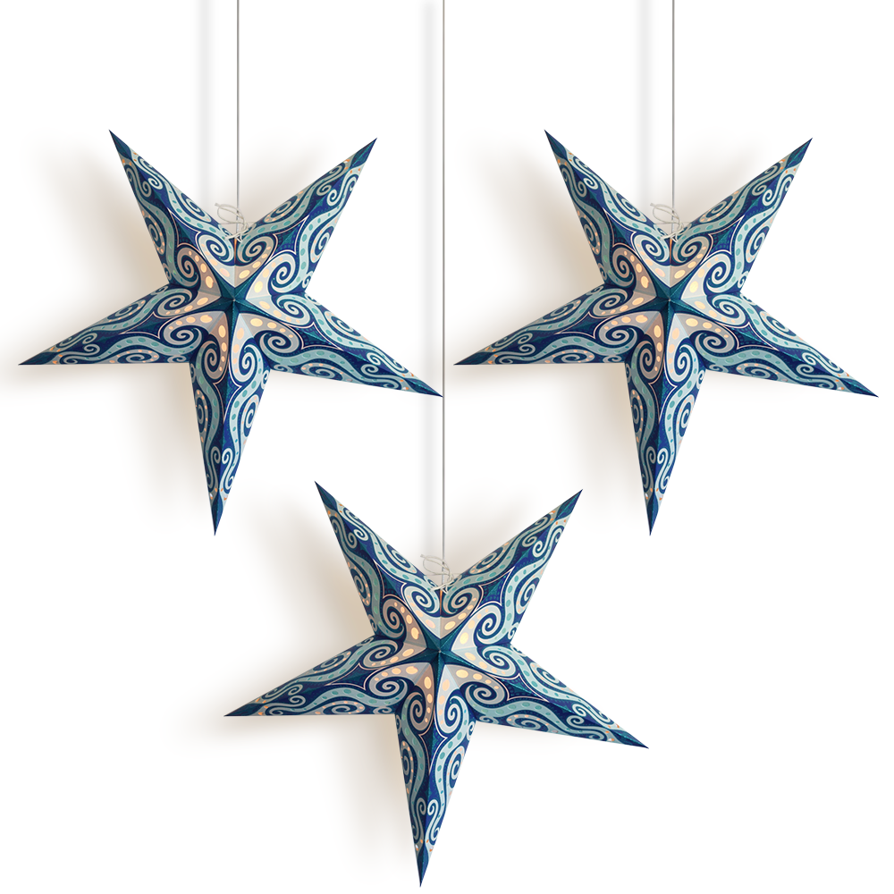 Turquoise Blue Mouri Glitter 24 Inch Illuminated Paper Star Lanterns and Lamp Cord Hanging Decorations (3-PACK + CORD + BULBS)