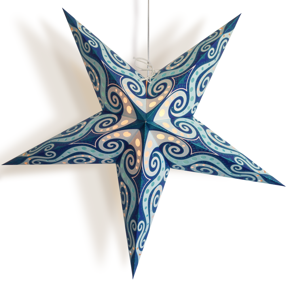 3-PACK + Cord | Turquoise Blue Mouri Glitter 24&quot; Illuminated Paper Star Lanterns and Lamp Cord Hanging Decorations