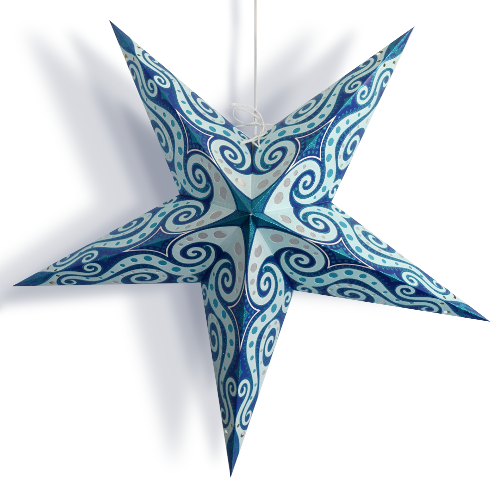 24&quot; Turquoise Blue Mouri Blue Glitter Paper Star Lantern, Hanging