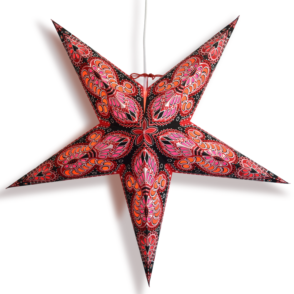 24&quot; Red Black Peacock Paper Star Lantern, Hanging - Luna Bazaar | Boho &amp; Vintage Style Decor