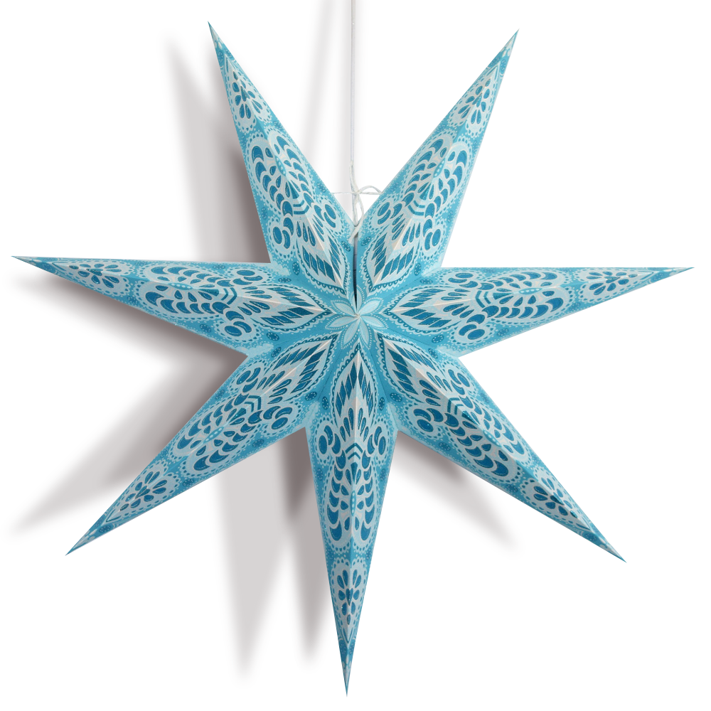 24&quot; Turquoise Blue Peacock 7-Point Paper Star Lantern, Hanging