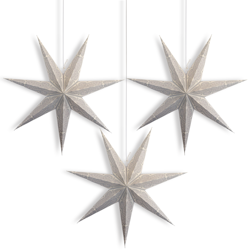 White Grey Peacock 24 Inch Illuminated 7-Point Paper Star Lanterns and Lamp Cord Hanging Decorations | 3-PACK + CORD + BULBS - Luna Bazaar | Boho &amp; Vintage Style Decor