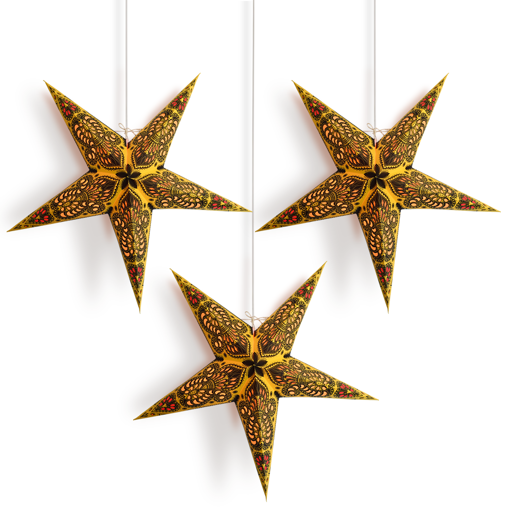 3-PACK + Cord | 24 Inch Cream Yellow Peacock Paper Star Lantern and Lamp Cord Hanging Decoration