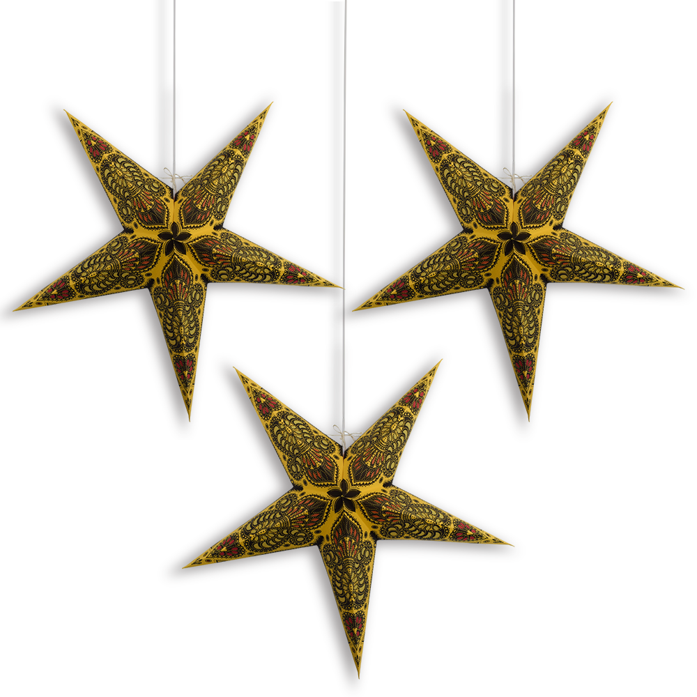 24 Inch Cream Yellow Peacock Paper Star Lantern and Lamp Cord Hanging Decoration | 3-PACK + CORD + BULBS - Luna Bazaar | Boho &amp; Vintage Style Decor