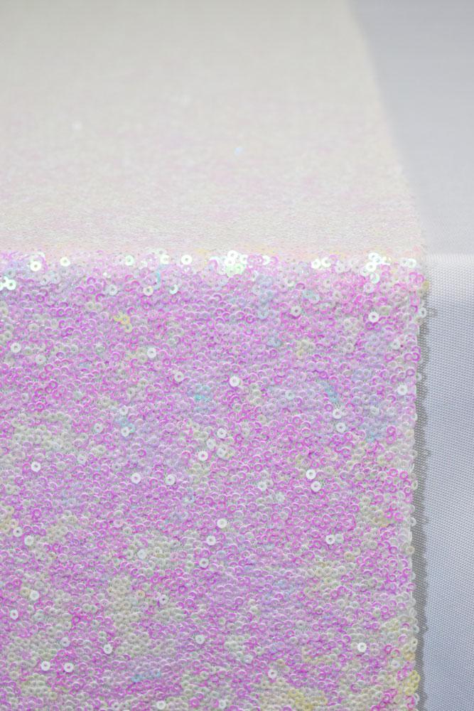 CLOSEOUT White and Pink Iridescent Sequin Table Runner - 12 x 108 Inch - Luna Bazaar | Boho &amp; Vintage Style Decor