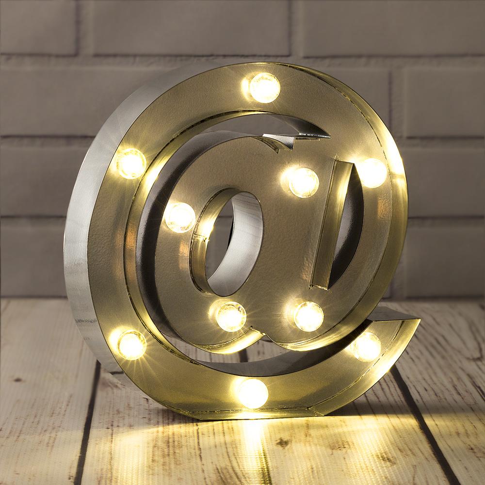 CLOSEOUT Silver Marquee Light Symbol &#39;@ / At Web Internet&#39; LED Metal Sign (8 Inch, Battery Operated w/ Timer) - Luna Bazaar | Boho &amp; Vintage Style Decor