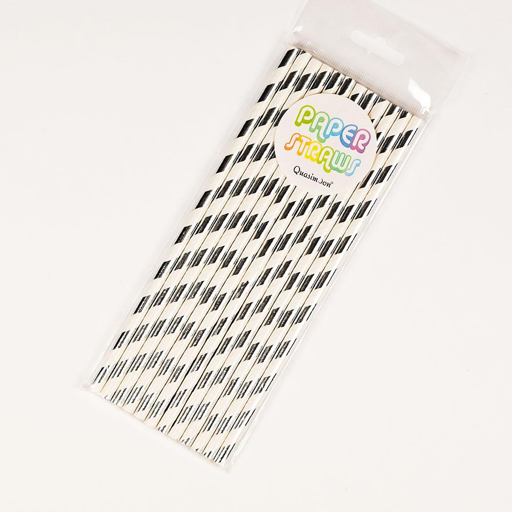 CLOSEOUT Silver Metallic Paper Straws, Striped Party Pattern (12-Pack) - Luna Bazaar | Boho & Vintage Style Decor