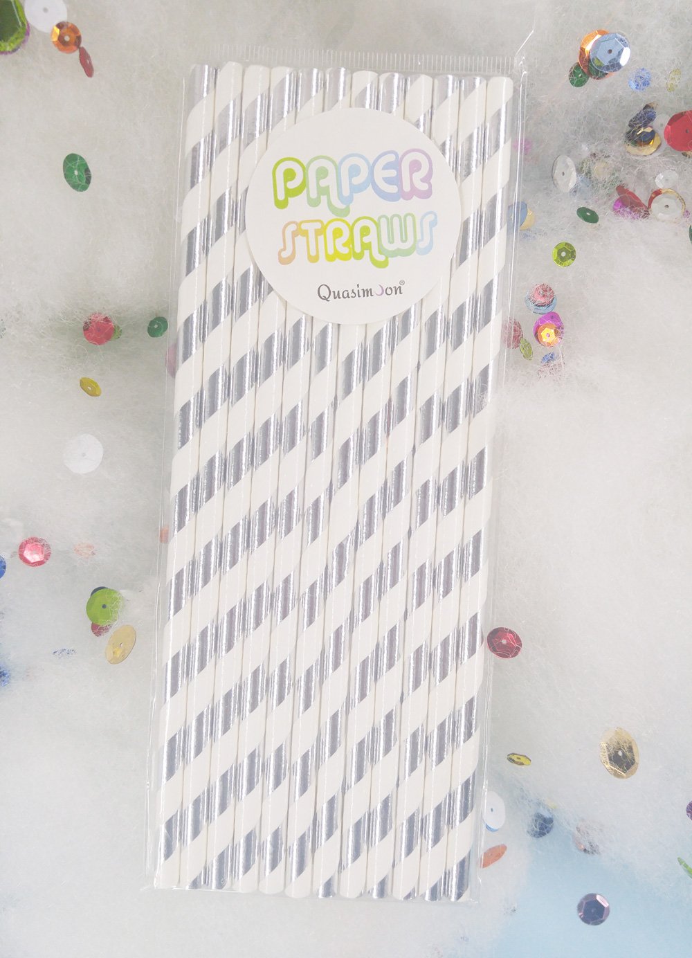 CLOSEOUT Silver Metallic Paper Straws, Striped Party Pattern (12-Pack) - Luna Bazaar | Boho &amp; Vintage Style Decor