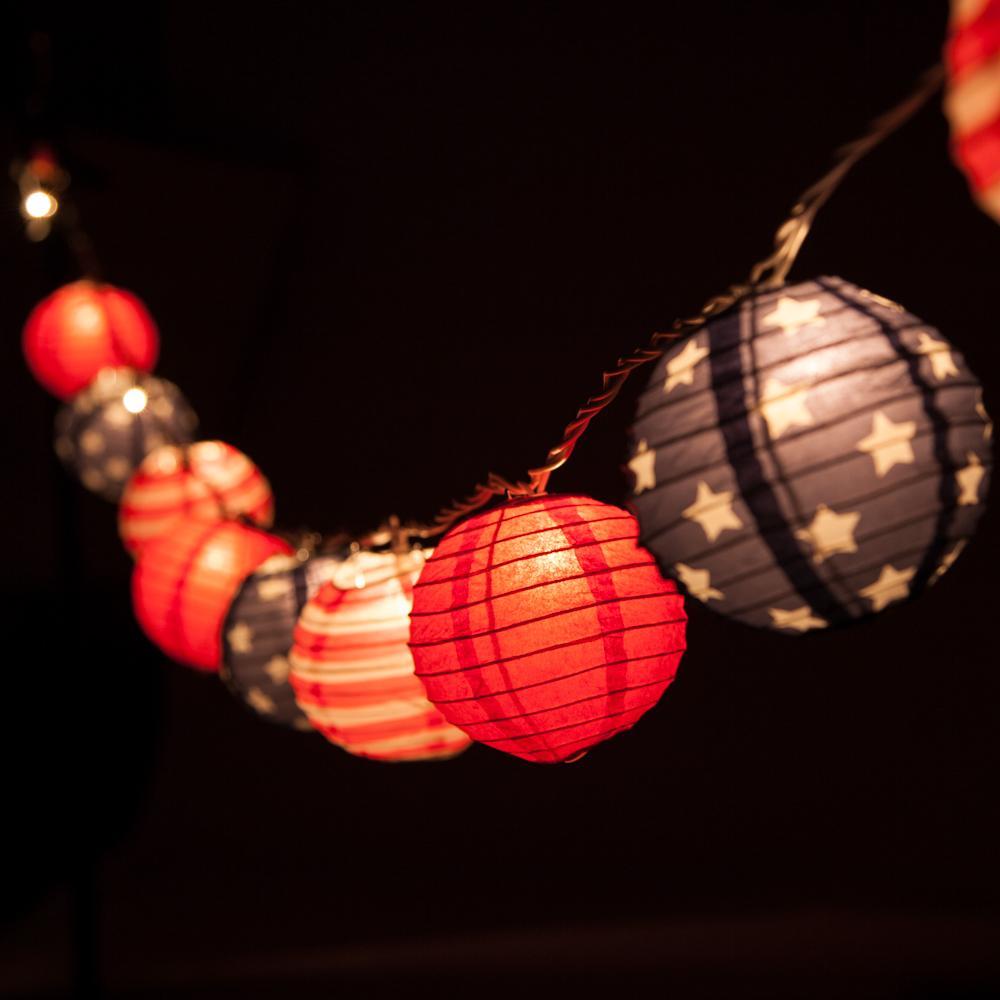 10 Socket 4th of July Red, White and Blue Round Paper Lantern Party String Lights (4" Lanterns, Expandable) - Luna Bazaar | Boho & Vintage Style Decor