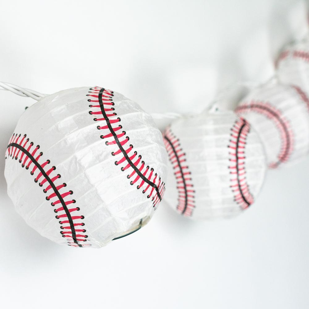 10 Socket Baseball Sports Round Paper Lantern Party String Lights (4&quot; Lanterns, Expandable) - Luna Bazaar | Boho &amp; Vintage Style Decor