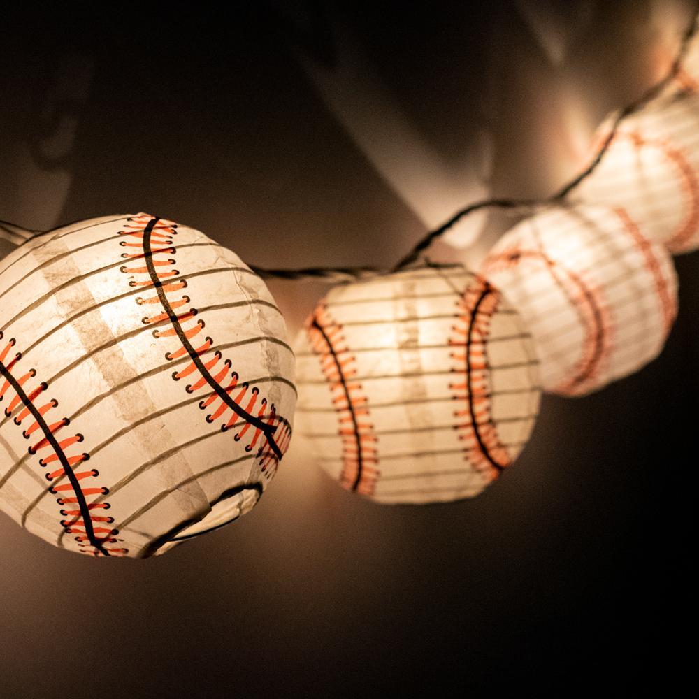 10 Socket Baseball Sports Round Paper Lantern Party String Lights (4" Lanterns, Expandable) - Luna Bazaar | Boho & Vintage Style Decor