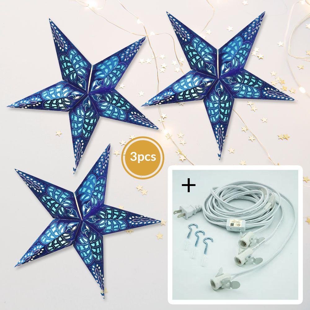 Blue Monarch Glitter 24 Inch Illuminated Paper Star Lanterns and Lamp Cord Hanging Decorations (3-PACK + CORD + BULBS)