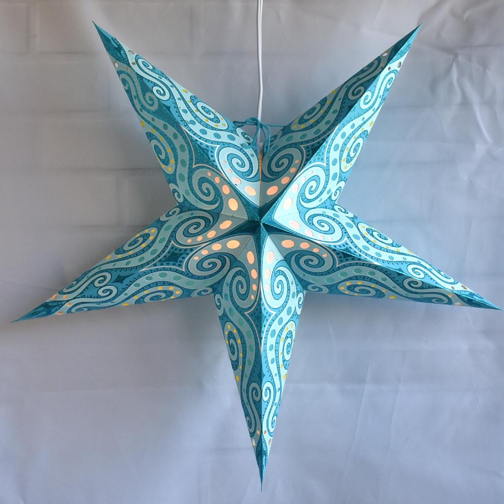 3-PACK + Cord | Light Blue Mouri Glitter 24&quot; Illuminated Paper Star Lanterns and Lamp Cord Hanging Decorations - LunaBazaar.com - Discover. Decorate. Celebrate.