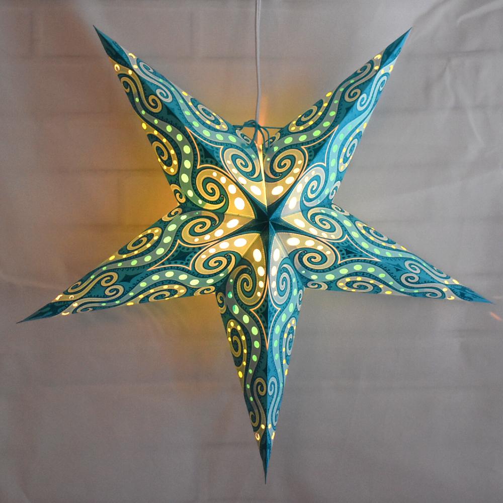 3-PACK + Cord | Light Blue Mouri Glitter 24&quot; Illuminated Paper Star Lanterns and Lamp Cord Hanging Decorations - LunaBazaar.com - Discover. Decorate. Celebrate.