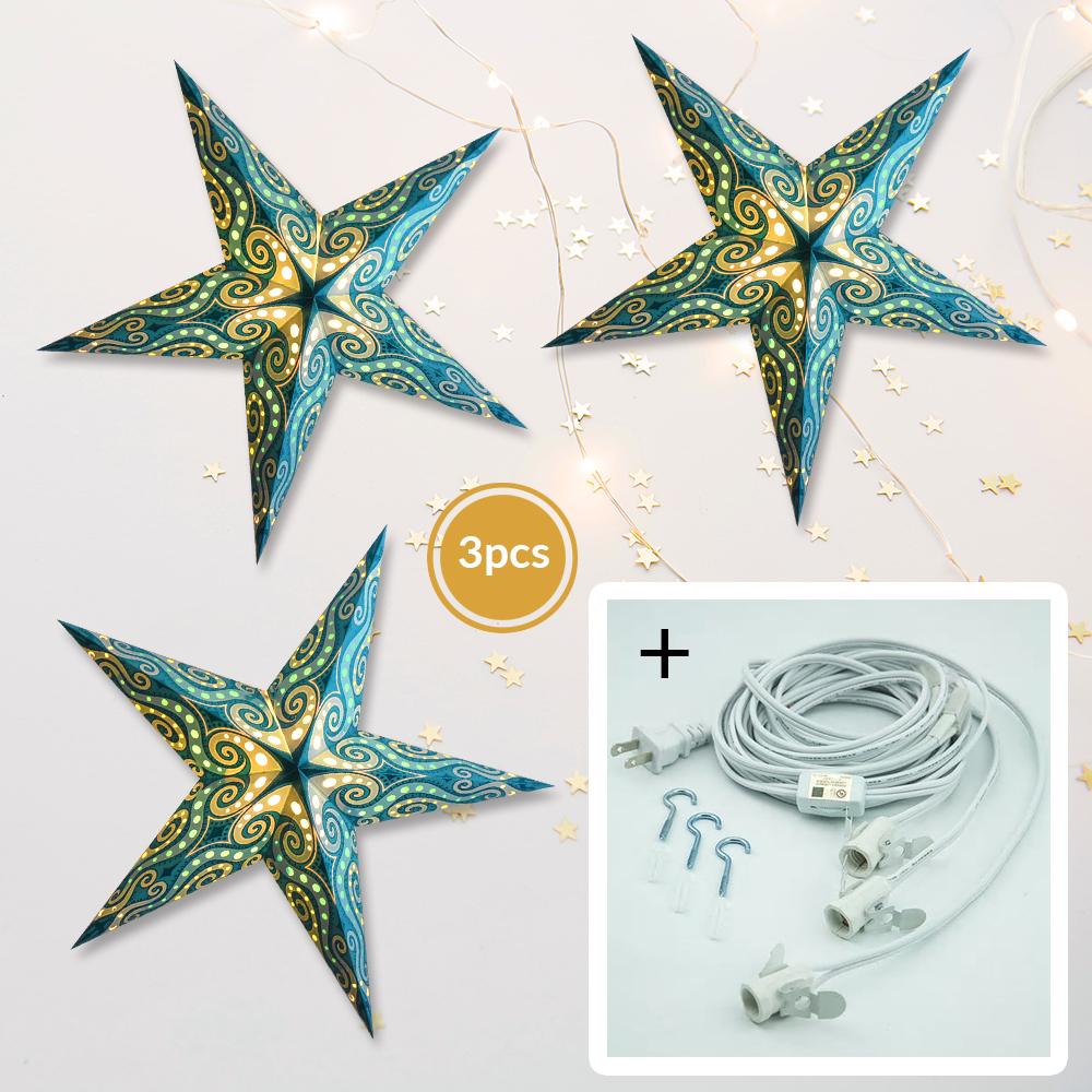Light Blue Mouri Glitter 24 Inch Illuminated Paper Star Lanterns and Lamp Cord Hanging Decorations (3-PACK + CORD + BULBS)