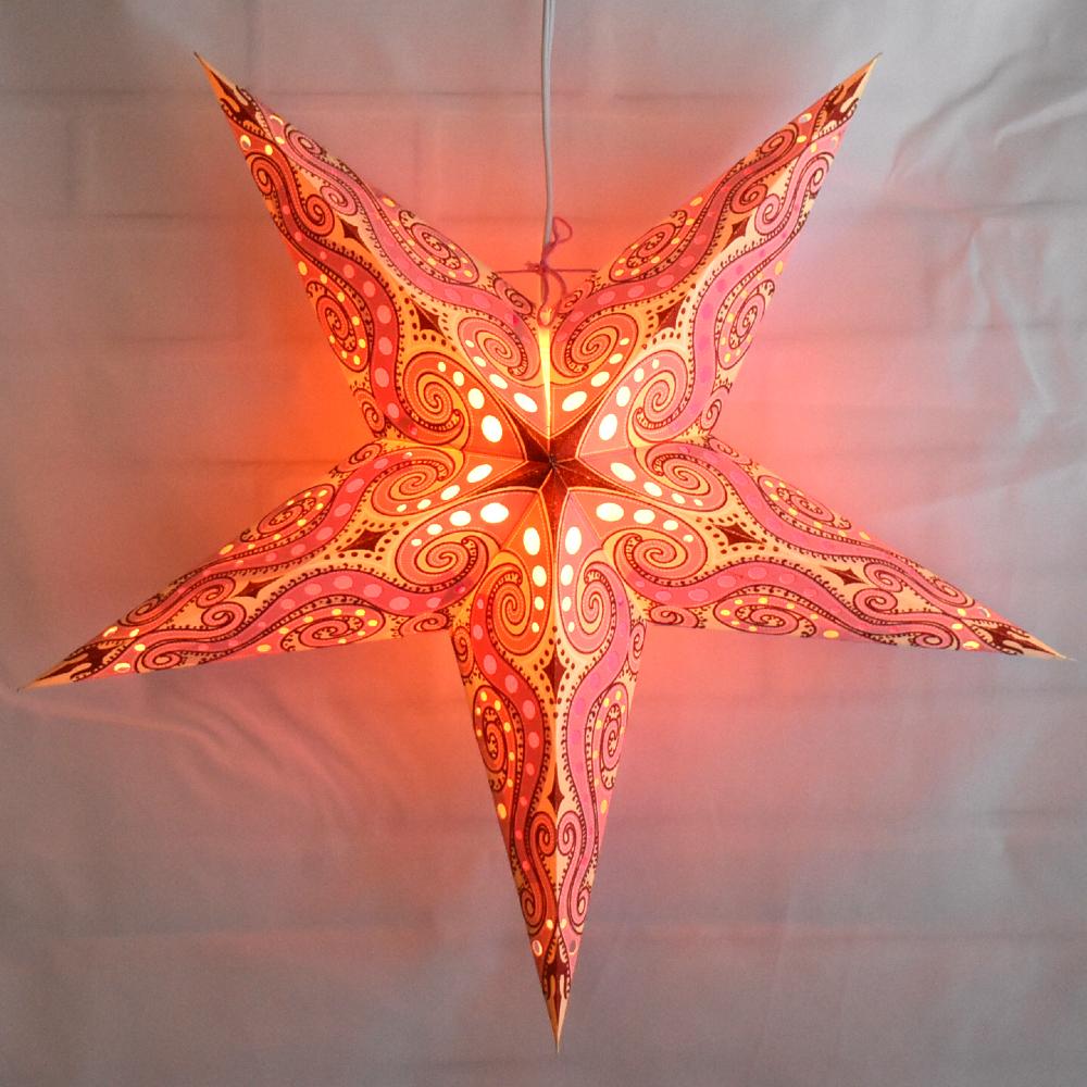 24 Inch Vanilla Pink / Red Mouri Glitter Paper Star Lantern, Hanging
