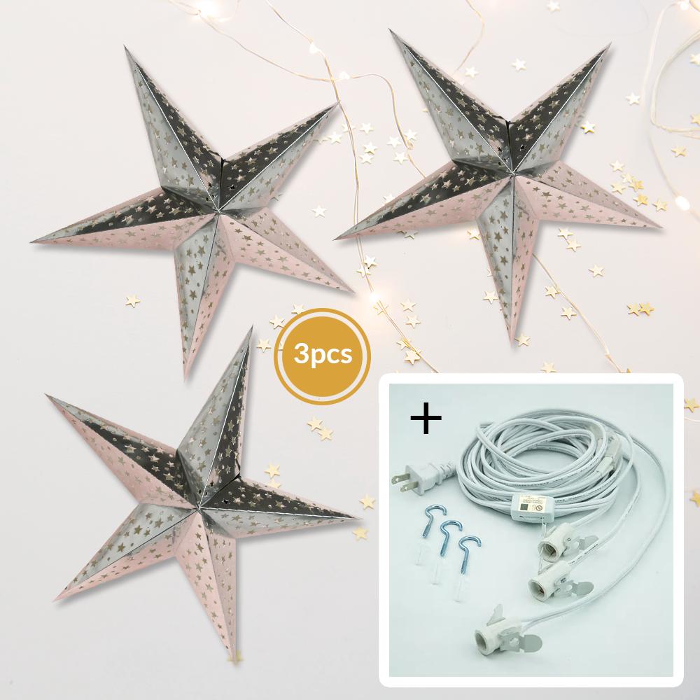 Silver Starry Night 26 Inch Illuminated Paper Star Lanterns and Lamp Cord Hanging Decorations (3-PACK + CORD + BULBS)