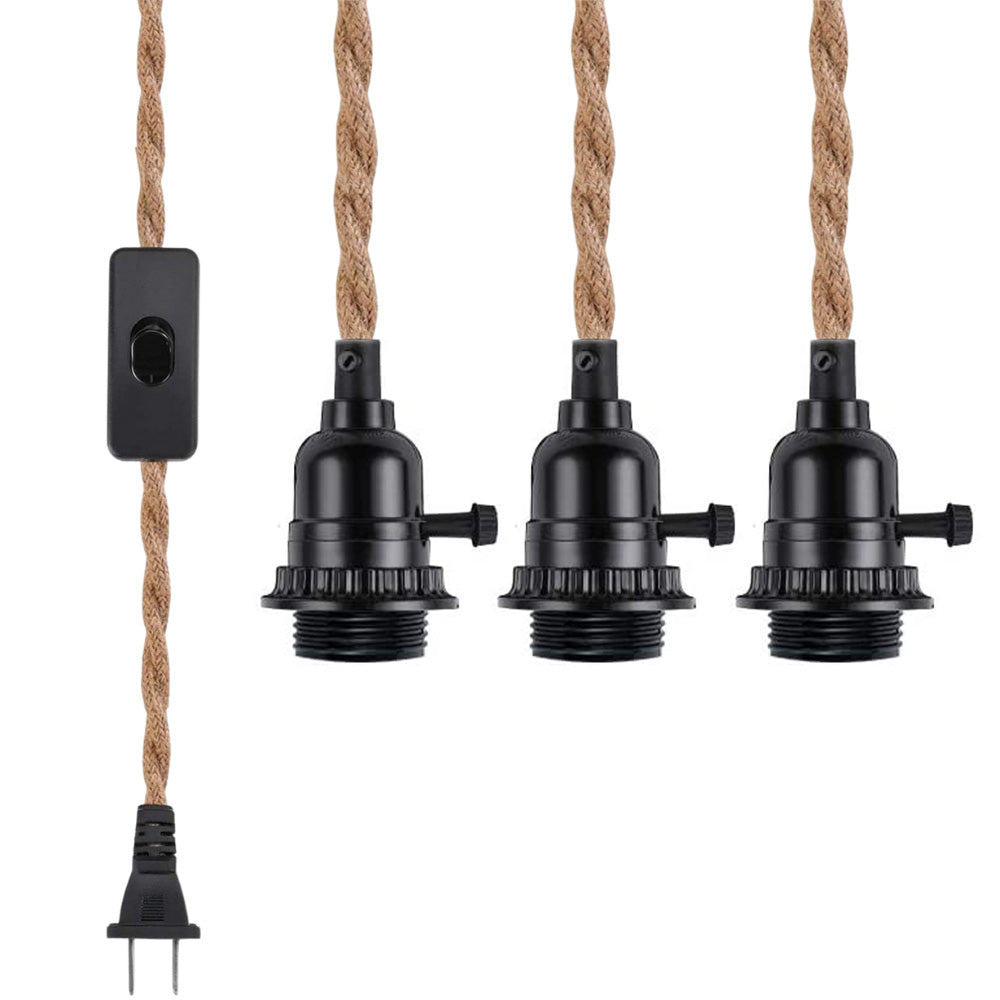 Jute Rope Triple Socket Black Pendant Light Lamp Cord for Lanterns, Switch, 19 FT - Luna Bazaar | Boho &amp; Vintage Style Decor