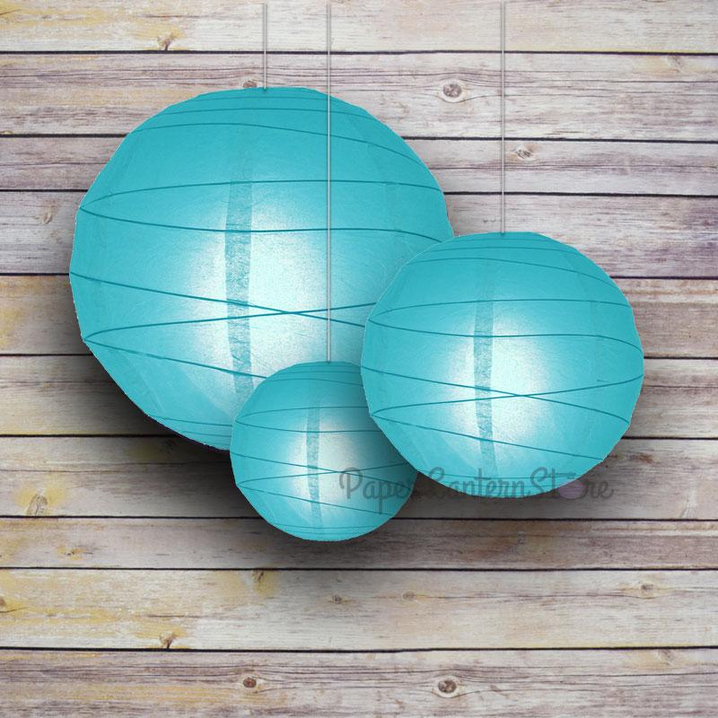 8/12/16&quot; Turquoise Round Paper Lanterns, Irregular Ribbing (3-Pack Cluster) - Luna Bazaar | Boho &amp; Vintage Style Decor