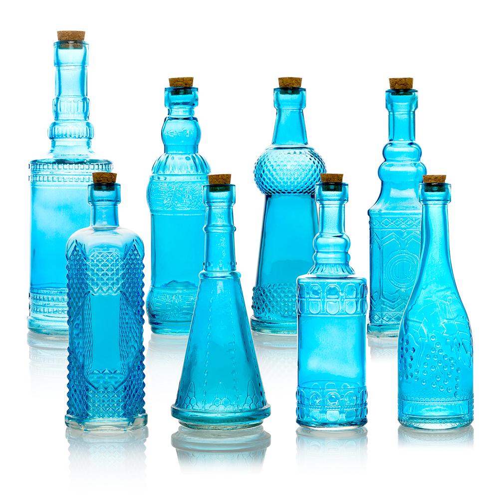 8pc Turquoise Vintage Glass Wedding Bottle Set, Assorted Wedding Table and Centerpiece Display - Luna Bazaar | Boho &amp; Vintage Style Decor