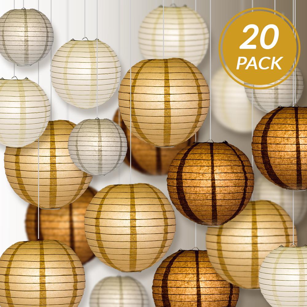 Ultimate 20-Piece Earthtone Variety Paper Lantern Party Pack - Assorted Sizes of 6&quot;, 8&quot;, 10&quot;, 12&quot; (5 Round Lanterns Each) for Weddings and Decor - Luna Bazaar | Boho &amp; Vintage Style Decor