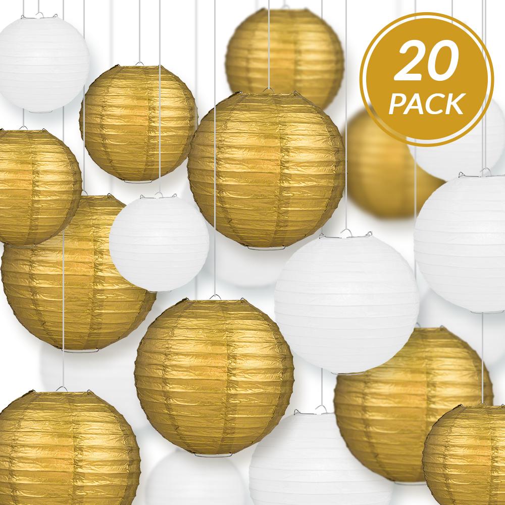 Ultimate 20-Piece Gold Variety Paper Lantern Party Pack - Assorted Sizes of 6&quot;, 8&quot;, 10&quot;, 12&quot; (5 Round Lanterns Each) for Weddings, Events and Decor - Luna Bazaar | Boho &amp; Vintage Style Decor