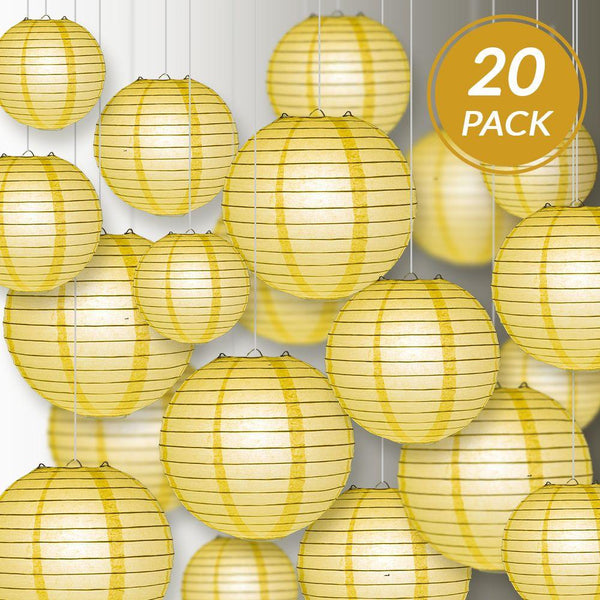 12-Pack 16 Inch Lemon Yellow Chiffon Parallel Ribbing Round Paper Lantern - Luna Bazaar | Boho &amp; Vintage Style Decor