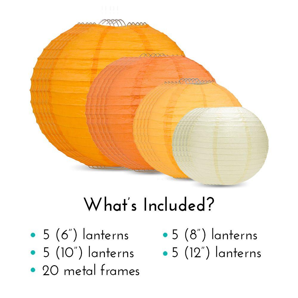 Ultimate 20-Piece Orange Variety Paper Lantern Party Pack - Assorted Sizes of 6&quot;, 8&quot;, 10&quot;, 12&quot; (5 Round Lanterns Each) for Weddings, Events and Decor - Luna Bazaar | Boho &amp; Vintage Style Decor