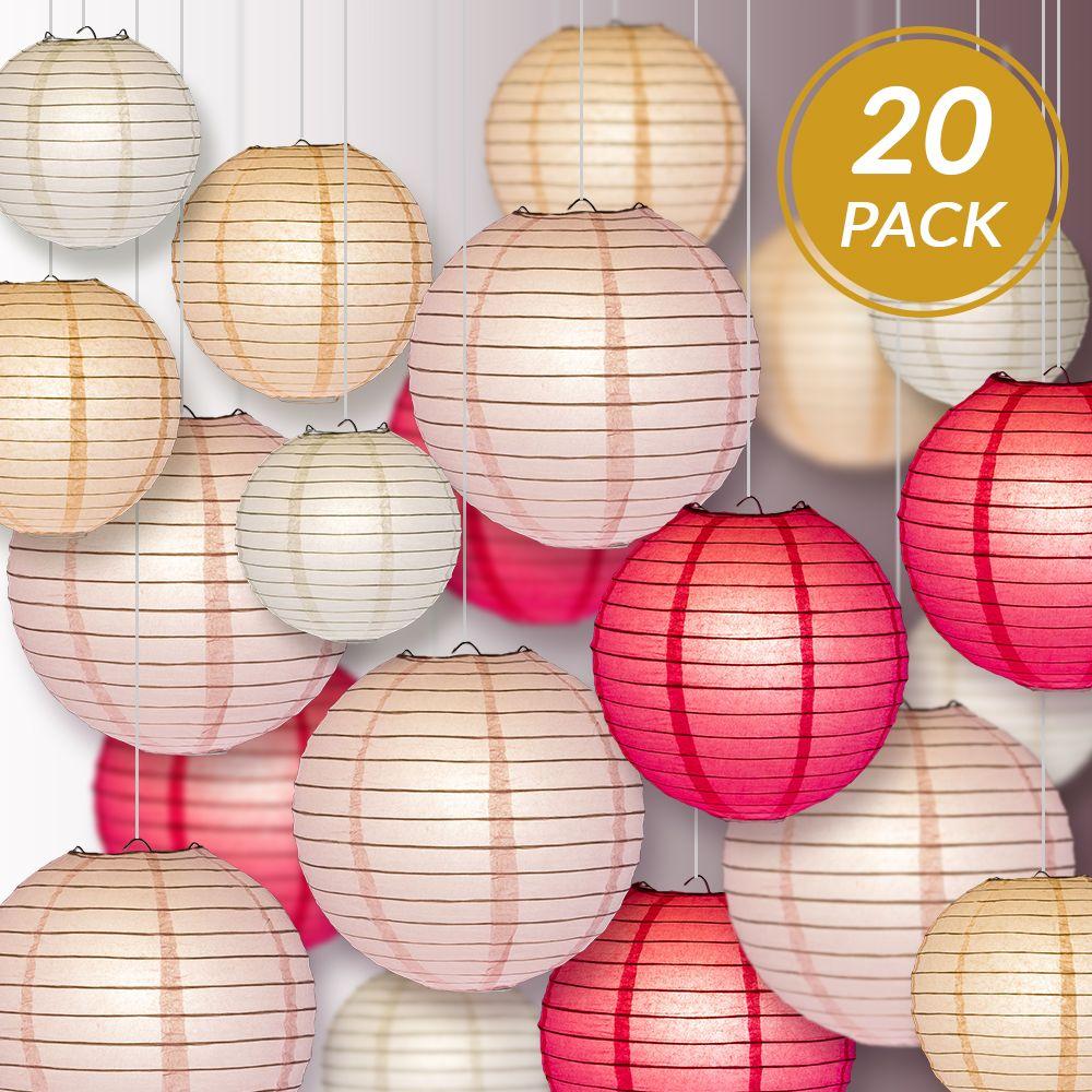 Ultimate 20-Piece Pink Variety Paper Lantern Party Pack - Assorted Sizes of 6&quot;, 8&quot;, 10&quot;, 12&quot; (5 Round Lanterns Each) for Weddings, Events and Decor - Luna Bazaar | Boho &amp; Vintage Style Decor