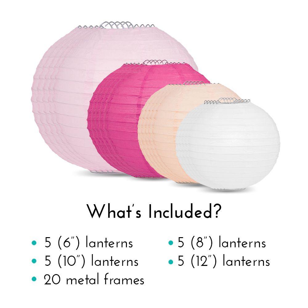 Ultimate 20-Piece Pink Variety Paper Lantern Party Pack - Assorted Sizes of 6&quot;, 8&quot;, 10&quot;, 12&quot; (5 Round Lanterns Each) for Weddings, Events and Decor - Luna Bazaar | Boho &amp; Vintage Style Decor