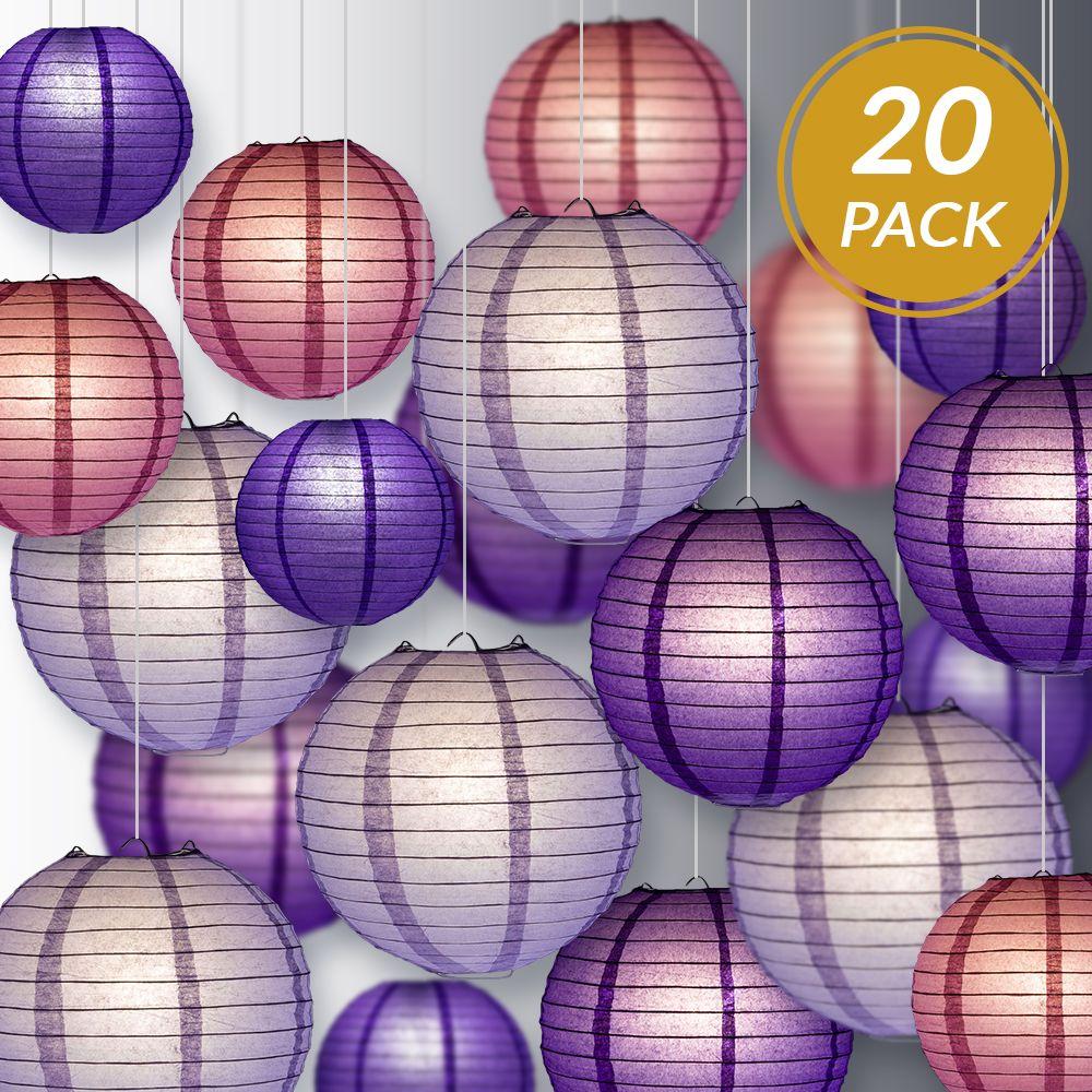 Ultimate 20-Piece Purple Variety Paper Lantern Party Pack - Assorted Sizes of 6&quot;, 8&quot;, 10&quot;, 12&quot; (5 Round Lanterns Each) - Luna Bazaar | Boho &amp; Vintage Style Decor