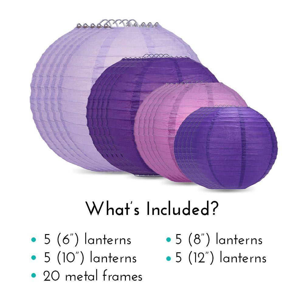 Ultimate 20-Piece Purple Variety Paper Lantern Party Pack - Assorted Sizes of 6&quot;, 8&quot;, 10&quot;, 12&quot; (5 Round Lanterns Each) - Luna Bazaar | Boho &amp; Vintage Style Decor