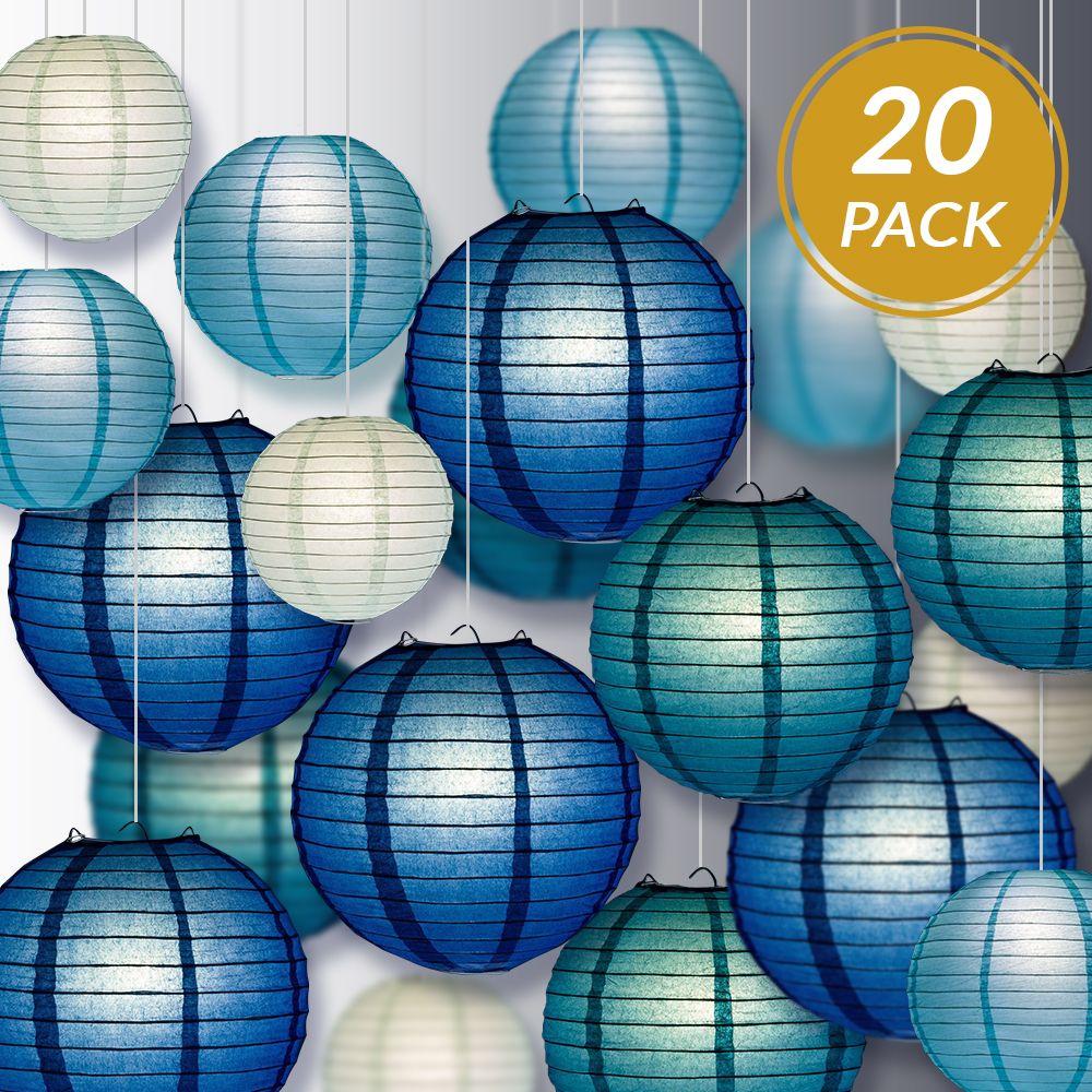 Ultimate 20-Piece Sea Blue Variety Paper Lantern Party Pack - Assorted Sizes - 6&quot;, 8&quot;, 10&quot;, 12&quot; (5 Round Lanterns Each) for Weddings, Events and Decor - Luna Bazaar | Boho &amp; Vintage Style Decor