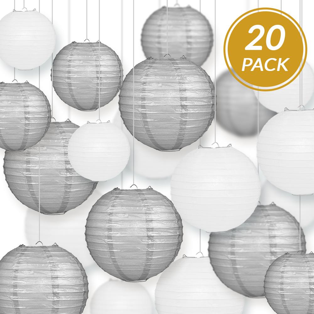 Ultimate 20-Piece Silver Variety Paper Lantern Party Pack - Assorted Sizes of 6, 8, 10, 12 (5 Round Lanterns Each) for