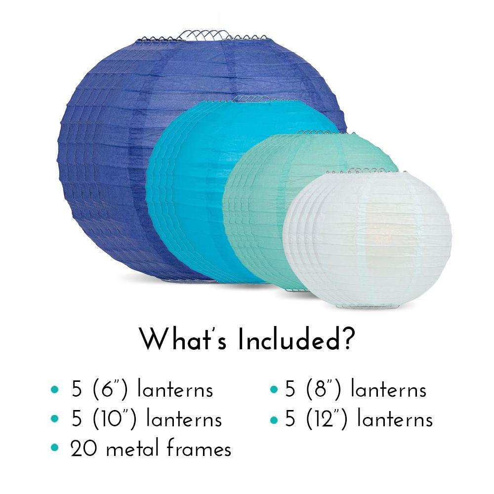 Ultimate 20-Piece Sky Blue Variety Paper Lantern Party Pack - Assorted Sizes 6&quot;, 8&quot;, 10&quot;, 12&quot; (5 Lanterns Each) - Luna Bazaar | Boho &amp; Vintage Style Decor