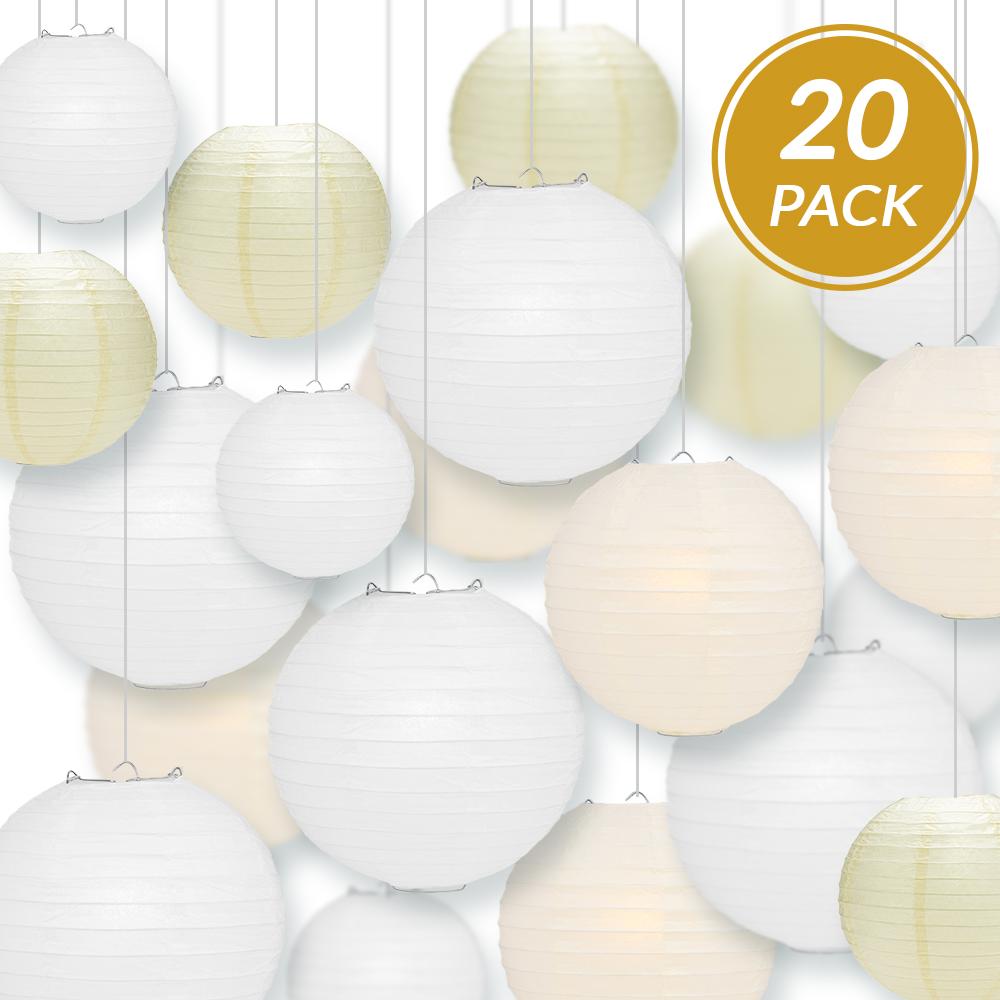 Ultimate 20-Piece White Variety Paper Lantern Party Pack - Assorted Sizes of 6&quot;, 8&quot;, 10&quot;, 12&quot; (5 Round Lanterns Each) for Weddings, Events and Decor - Luna Bazaar | Boho &amp; Vintage Style Decor
