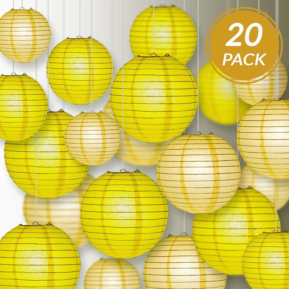 Ultimate 20-Piece Yellow Variety Paper Lantern Party Pack - Assorted Sizes of 6&quot;, 8&quot;, 10&quot;, 12&quot; (5 Round Lanterns Each) for Weddings, Events and Decor - Luna Bazaar | Boho &amp; Vintage Style Decor