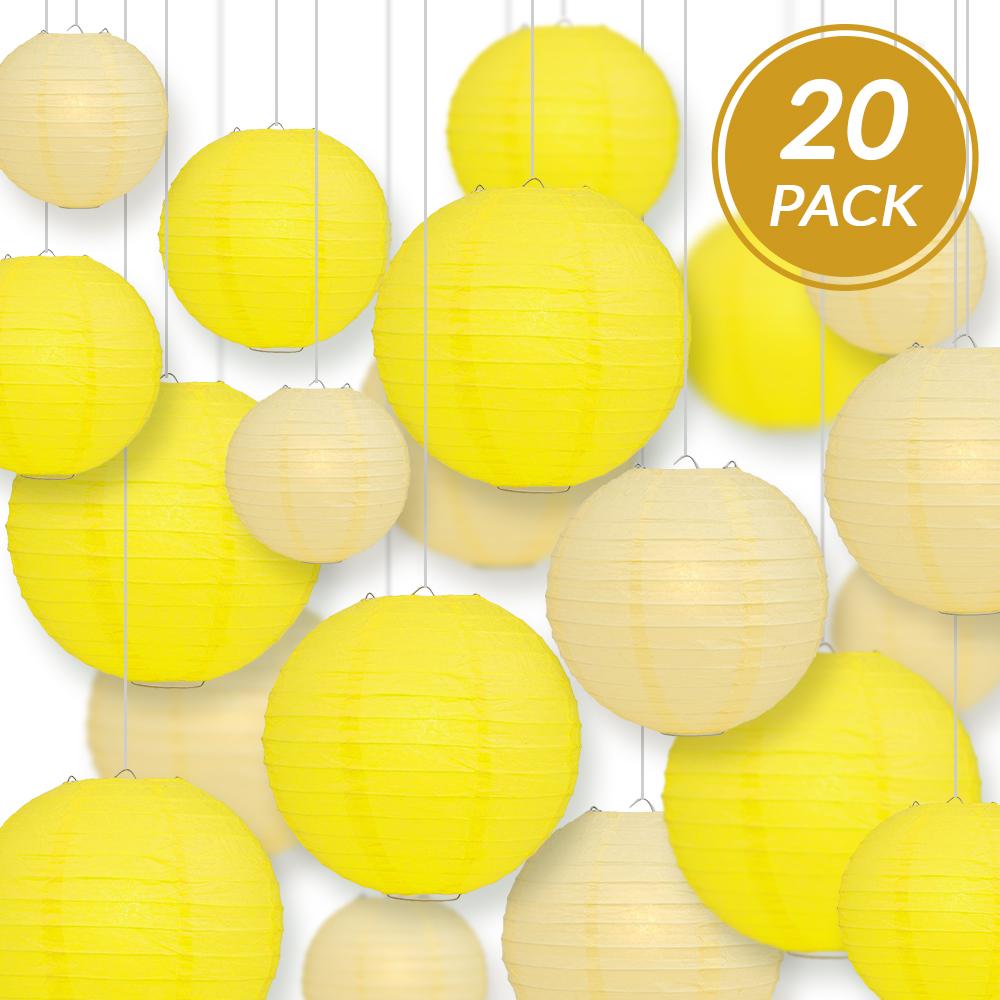 Ultimate 20-Piece Yellow Variety Paper Lantern Party Pack - Assorted Sizes of 6&quot;, 8&quot;, 10&quot;, 12&quot; (5 Round Lanterns Each) for Weddings, Events and Decor - Luna Bazaar | Boho &amp; Vintage Style Decor