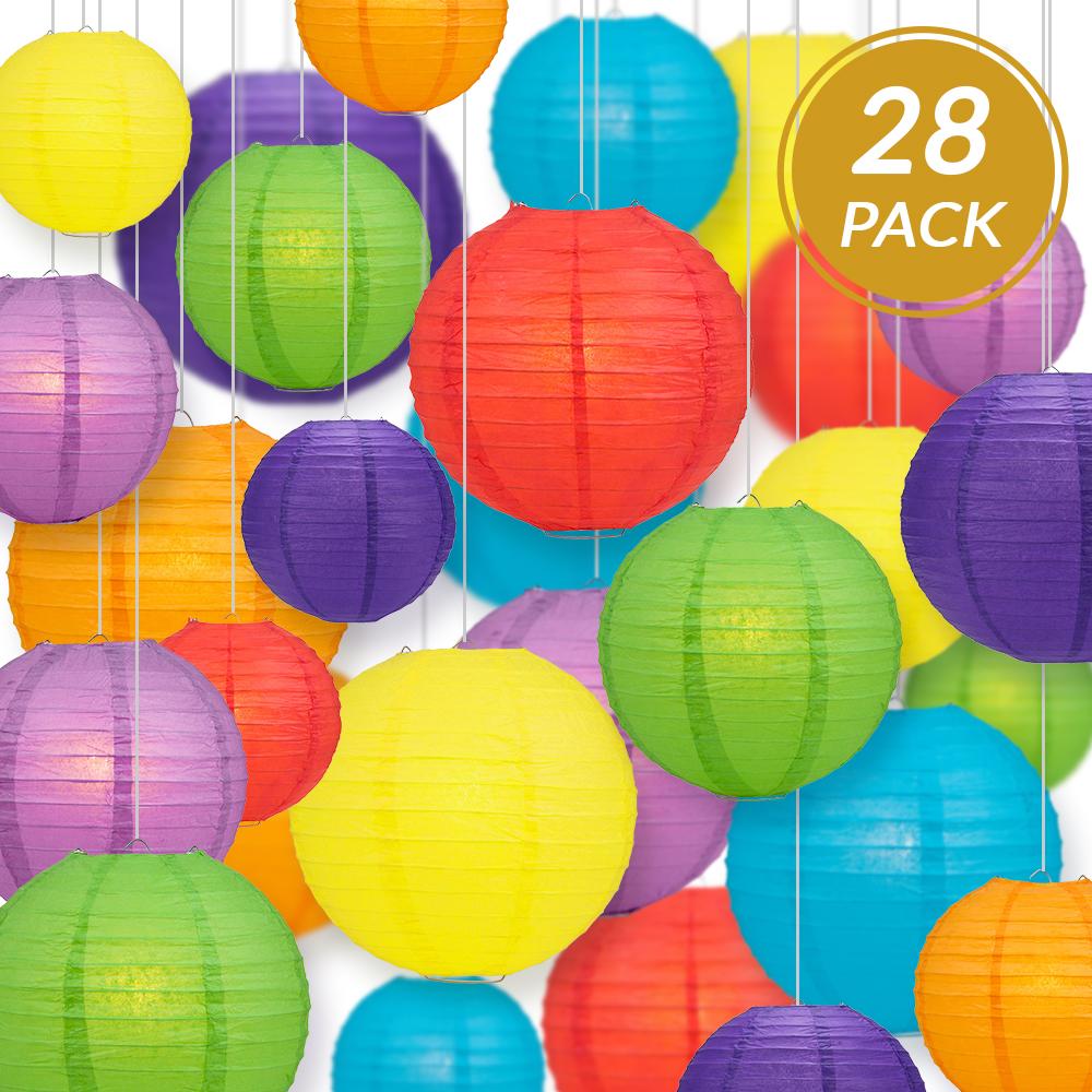 Ultimate 28-Piece Rainbow Variety Paper Lantern Party Pack - Assorted Sizes of 6&quot;, 8&quot;, 10&quot;, 12&quot; (7 Round Lanterns Each) for Weddings, Events and Decor - Luna Bazaar | Boho &amp; Vintage Style Decor