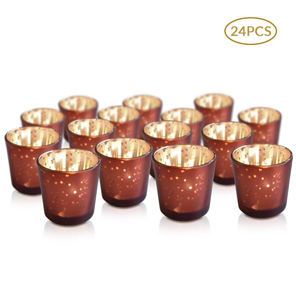 24-Pack Vintage Mercury Glass Candle Holders (2.5-Inch, Lila Design, Liquid Motif, Rustic Red Copper) - For Use with Tea Lights - For Parties, Weddings and Homes - Luna Bazaar | Boho &amp; Vintage Style Decor