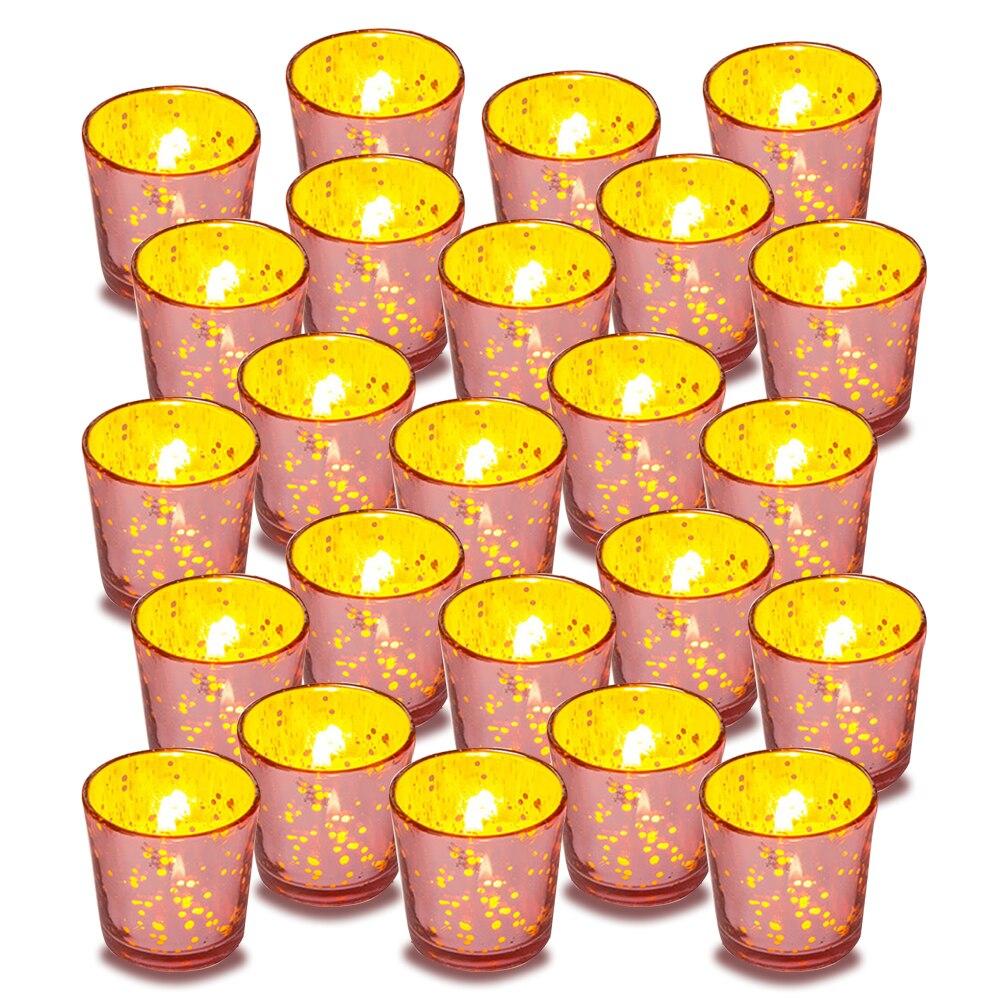 24-Pack Vintage Mercury Glass Candle Holders (2.5-Inch, Lila Design, Liquid Motif, Rose Gold Pink) - Use with Tea Lights - For Parties, Weddings, and Homes - Luna Bazaar | Boho &amp; Vintage Style Decor