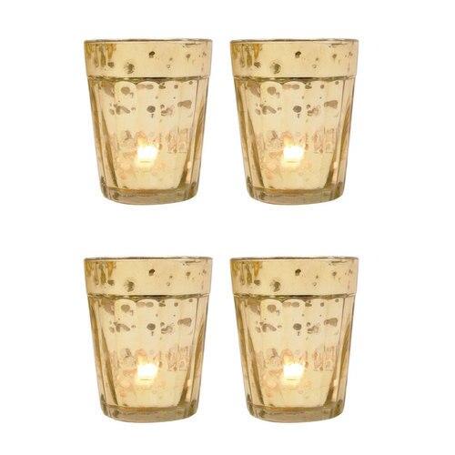 4-Pack Vintage Mercury Glass Candle Holder (3.25-Inch, Katelyn Design, Column Motif, Gold) - For use with Tea Lights - For Home Decors, Parties and Wedding Decorations - Luna Bazaar | Boho &amp; Vintage Style Decor
