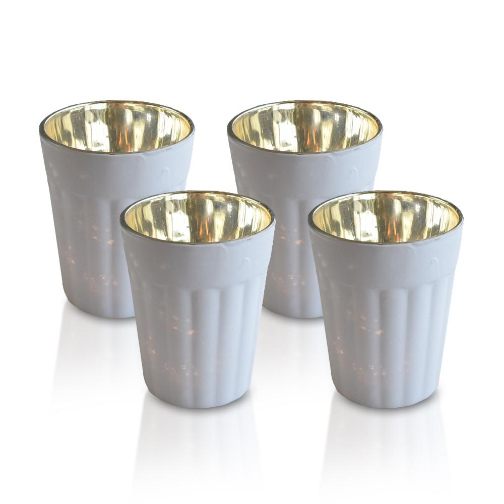 CLOSEOUT 4-Pack Vintage Mercury Glass Candle Holder (3.25-Inch, Katelyn Design, Column Motif, Antique White) - For Use with Tea Lights - For Home Decor, Parties and Wedding Decorations - Luna Bazaar | Boho &amp; Vintage Style Decor