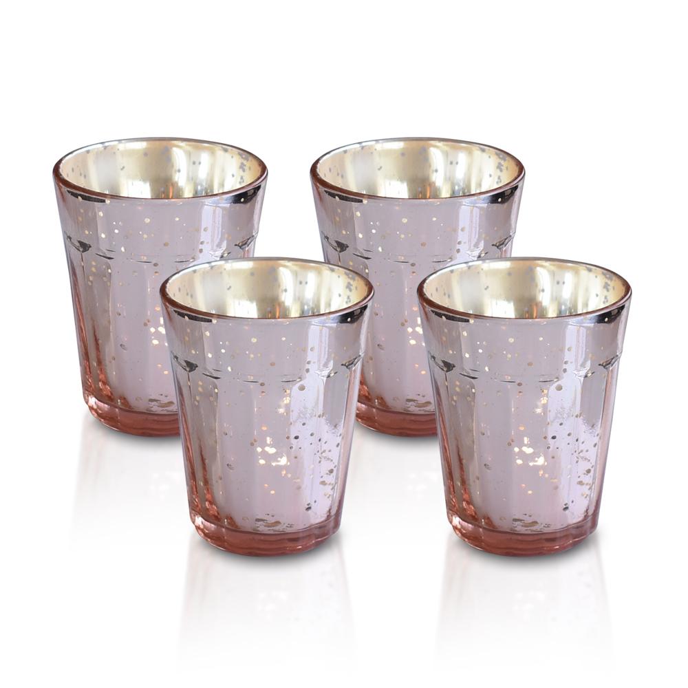 4-Pack Vintage Mercury Glass Candle Holder (3.25-Inch, Katelyn Design, Column Motif, Rose Gold Pink) - For use with Tea Lights - For Home Decors, Parties and Wedding Decorations - Luna Bazaar | Boho &amp; Vintage Style Decor